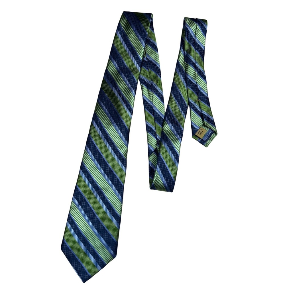 Class Club Gold‎ Label Mens 100% Silk Striped Tie Green Navy Blue 3.25" W Preppy